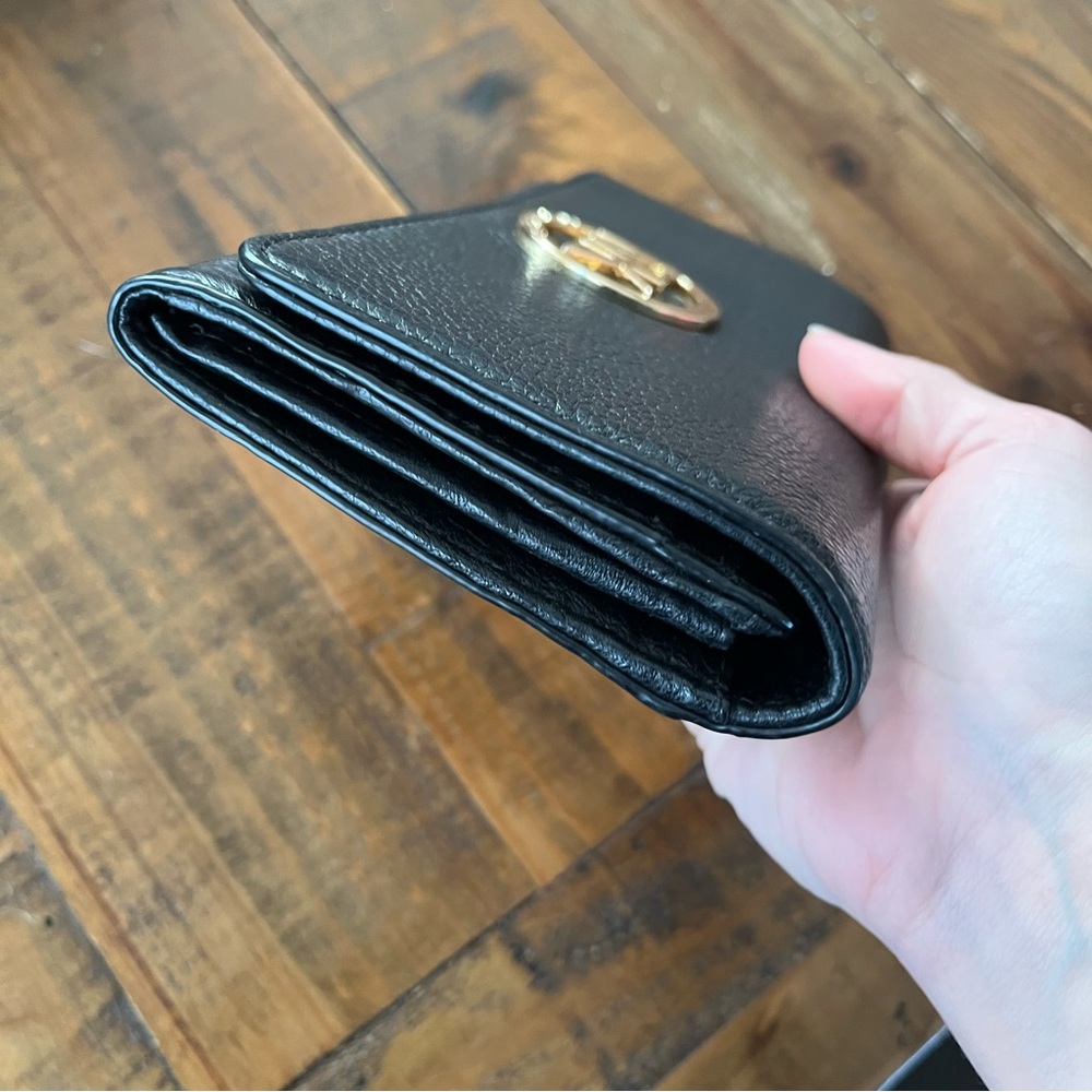 Michael Kors Leather Bifold Wallet Long Black Gold Logo Large Coin Pouch Snap - Picture 4 of 11